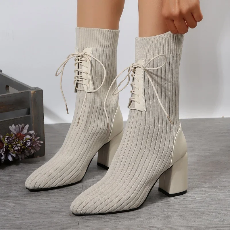 Knit Soc Shoes Stretch Fabric Women Ankle Pointed Toe High Heels Slip-On Sock Heeled Boots Size 43 4