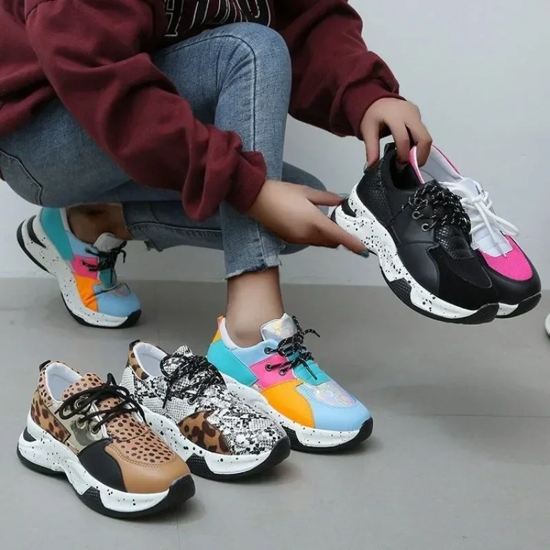 Platform Sneakers Women Autumn Winter Round Toe Low-top Leopard Wedge Shoes Women Size 43 Lace Up Soft Casual Sports Shoes