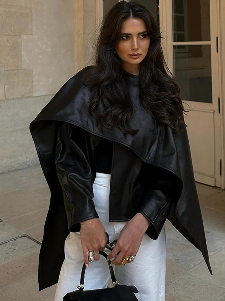 Fashion Pu Leather Cloak Shawl Collar Jacket Elegant Solid Long Sleeves Demiseason For Women 2024 High Streetwear 240903