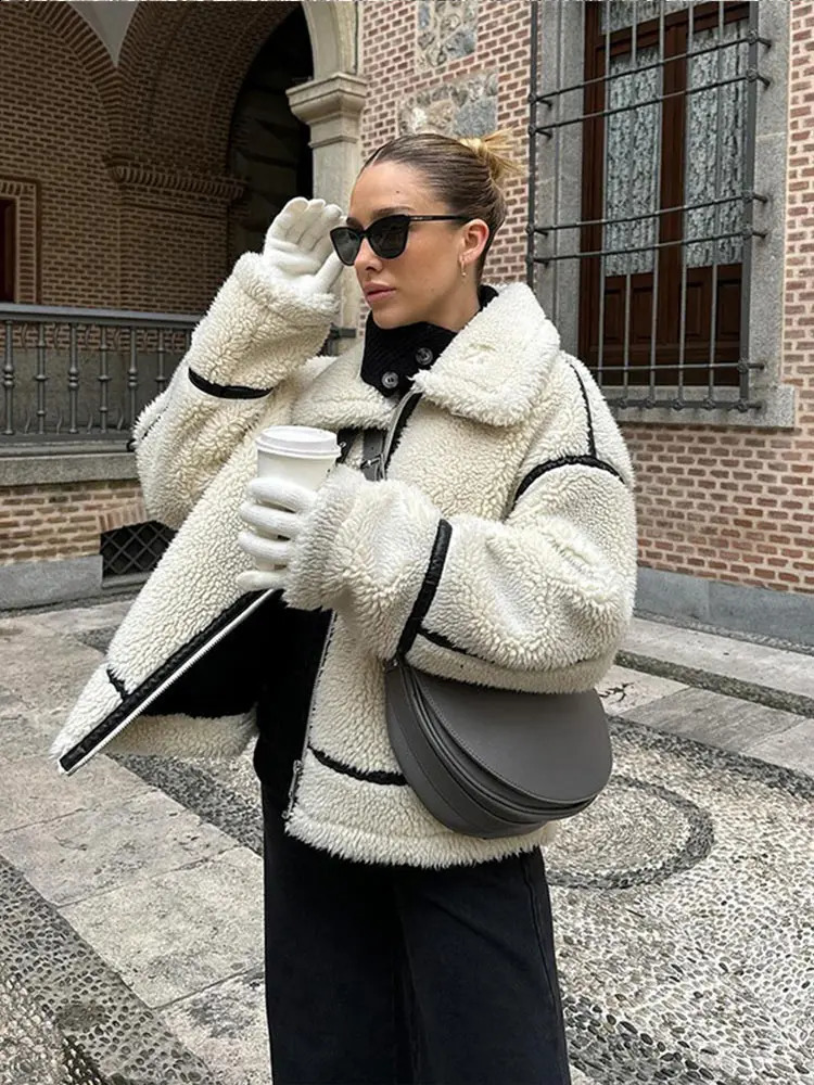 Autumn Winter Women Plush Zipper Jacket Solid Patchwork Long Sleeve Lapel Motorcycle Coat Fashion Female Street Warm Outerwear 240903