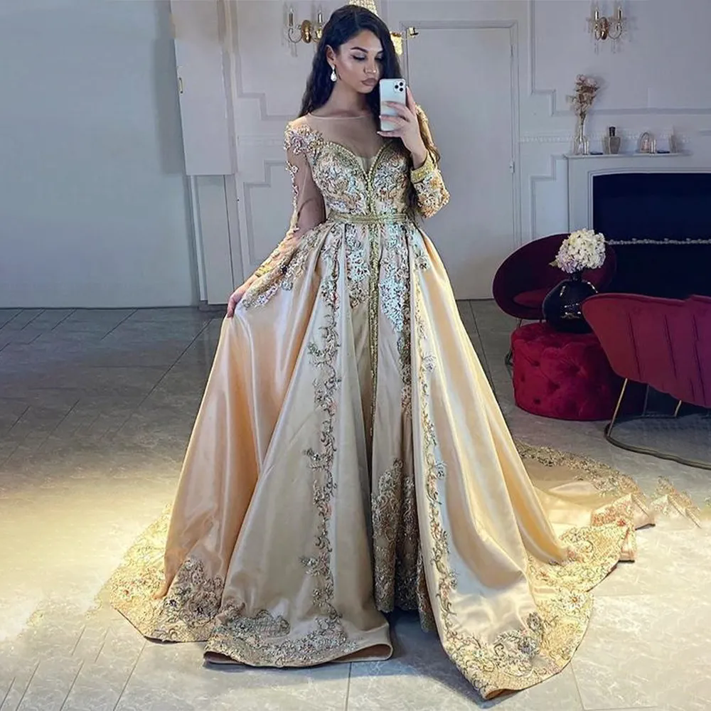Champagne Morocan Caftan Dresses Long Sleeves Gold Lace Appliques Crystals Beaded A E Satin Arabic Kaftan Formal Party Gown Vestido De Noiva 6660312