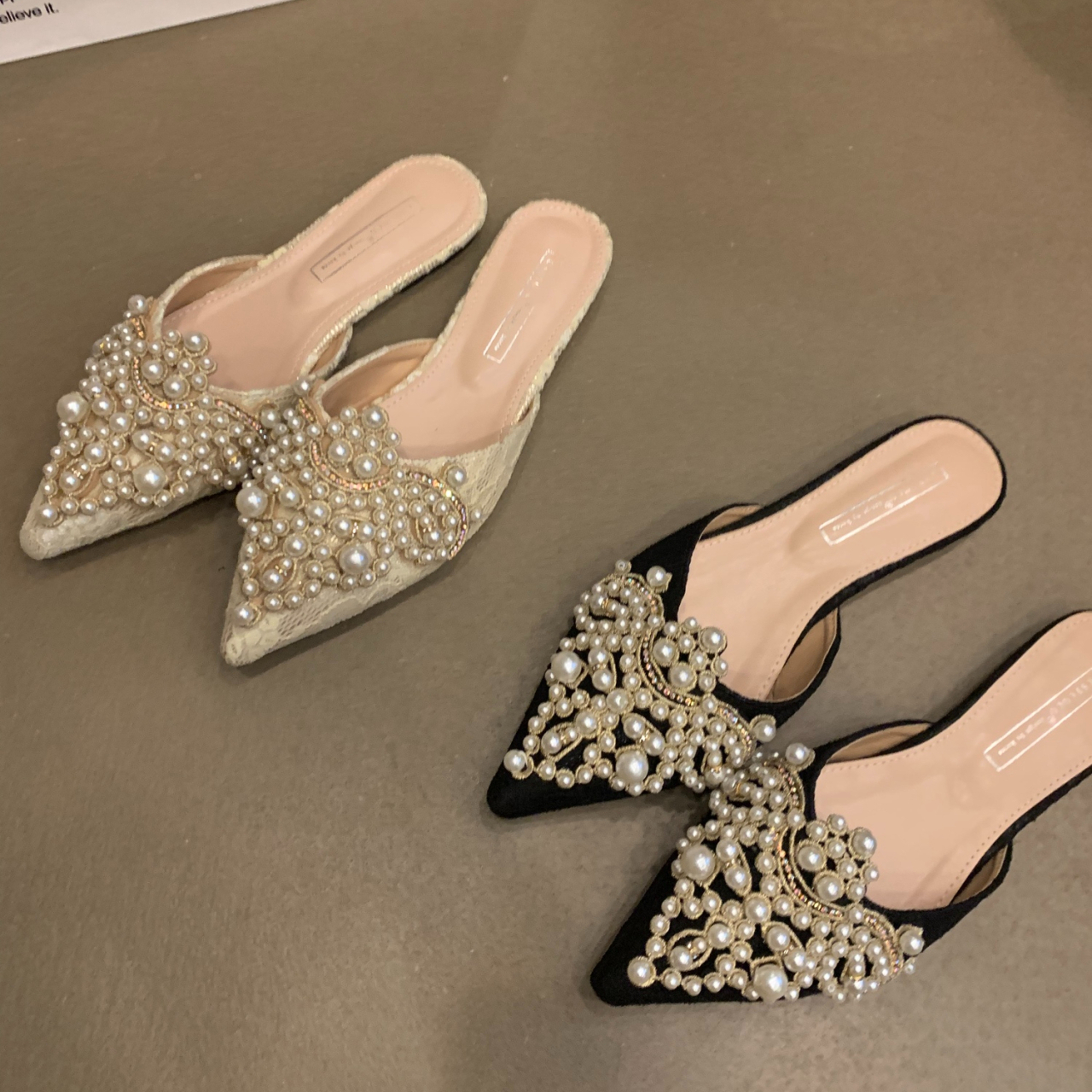 Women's Mules Summer 2024 New Pointed Toe Flat Heels Pearl Outdoor Ladies Slippers Dress Women Shoes Q75