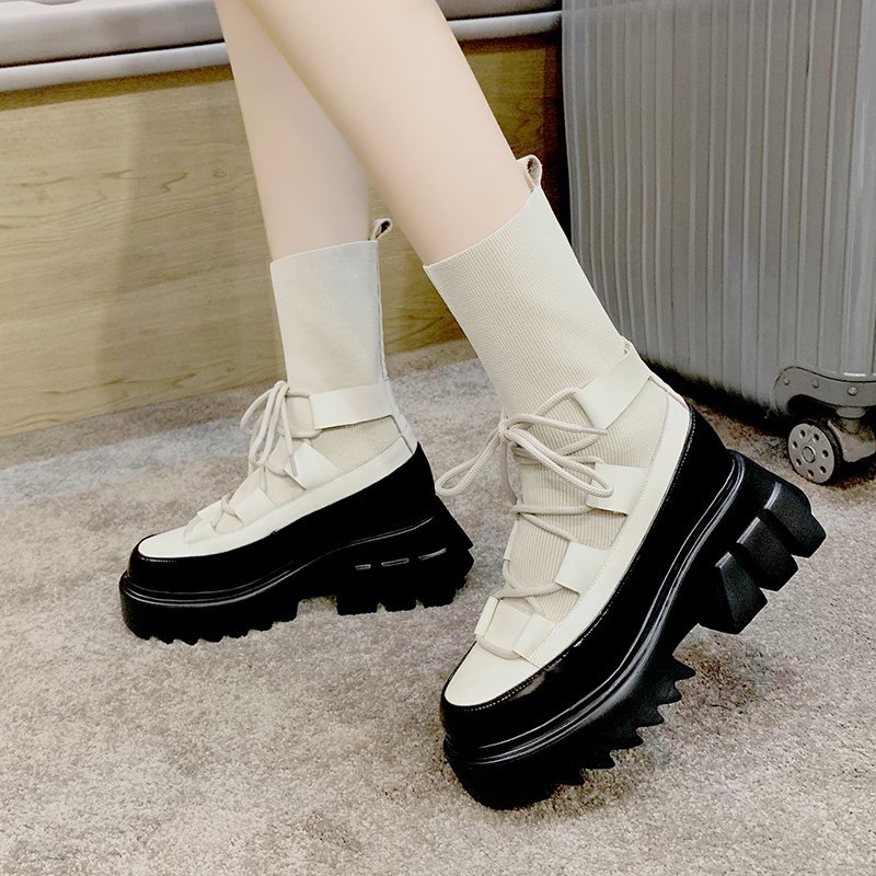 Rimocy Elastic Knitting Chunky Ankle Boots for Women Black Wedges Platform Sock Boots Woman Fashion Lace Up High Heels Shoes