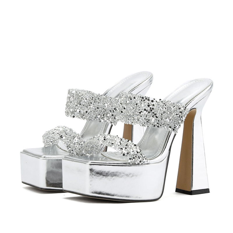 Sexy Liyke Thick Bottom Platform Slippers Women Glitter Sequined Transparent Strap Sandal Female Party Dress Shoes High Heels 58c4 dd9