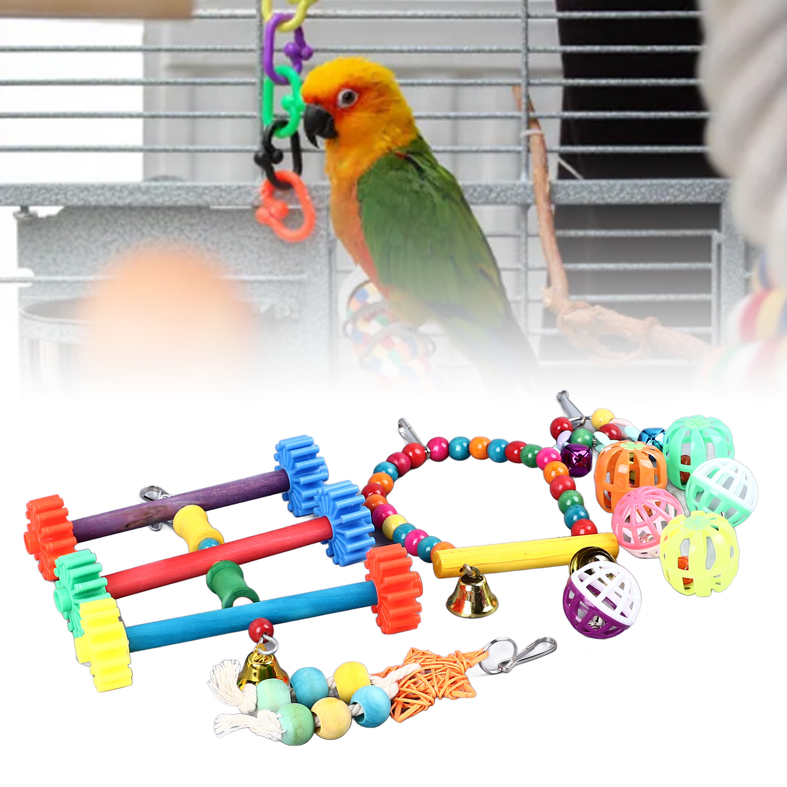 Colorful Bird Toy Set, Climbing, Chewing, Swing, Bell, String, Ball, Parrot Cage, Toys for Parakeet, Cockatiel