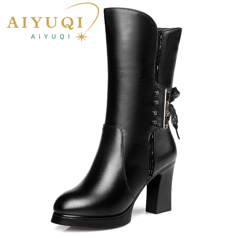AIYUQI Women Boots Wool 2024 New Genuine Leather Genuine Leather Winter Bots Women High Heel Motorcycle Boots Women