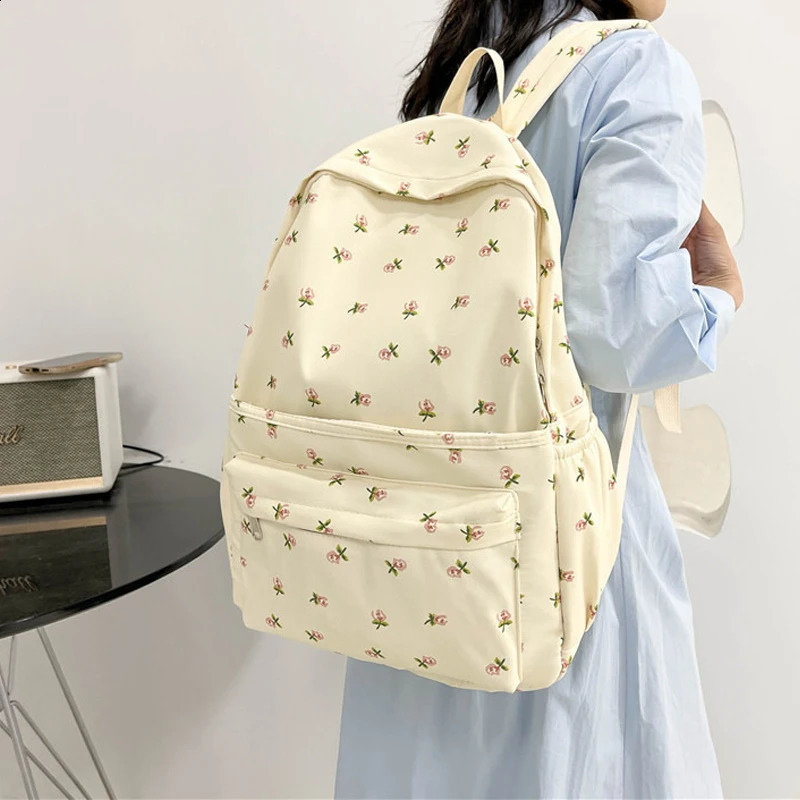 Korean Student School Backpack Floral White Bags For Teenage Girls Cute Womens Book Pack Nylon Rucksack 240903