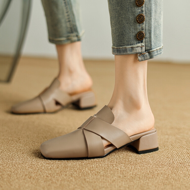 Summer NEW Mules Genuine Leather Shoes for Women Cover Chunky Heel Slippers Concise Square Toe Handmade Modern Sandals c320