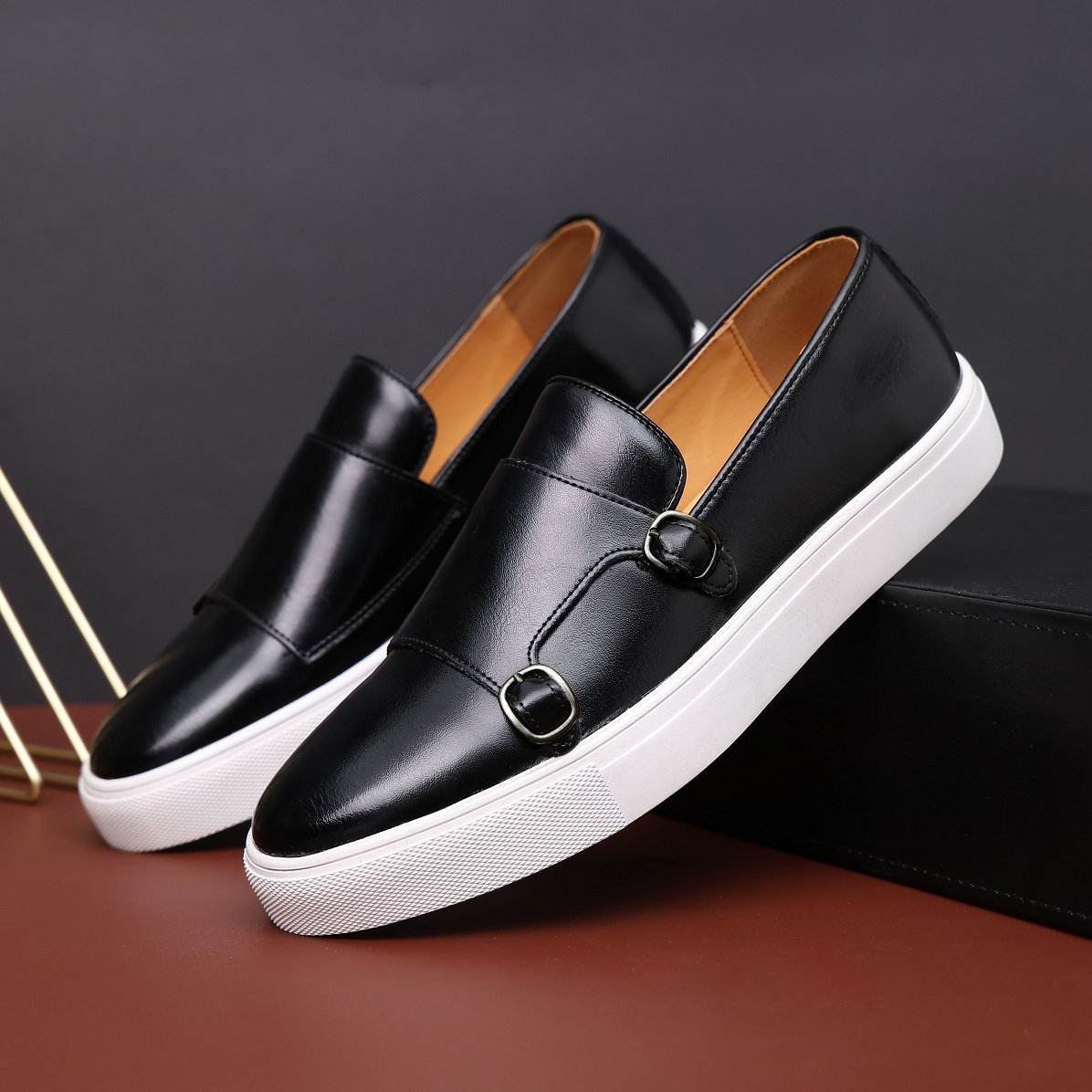 Men's Casual Fashion Leather Shoes Men Classic British Style Monk Loafers Mens Slip-on Outdoor Flats Driving Shoe