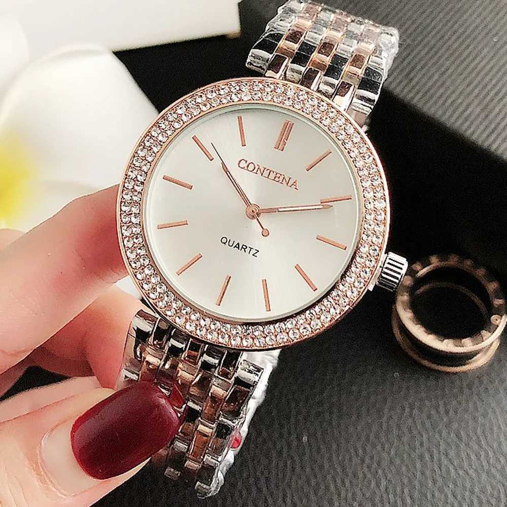 Contena Luxury Womens Watch 2023 Fashion Rhinestone Stainless Steel Quartz Watch Simple and Elegant Womens Watch Reloj Mujer W240902