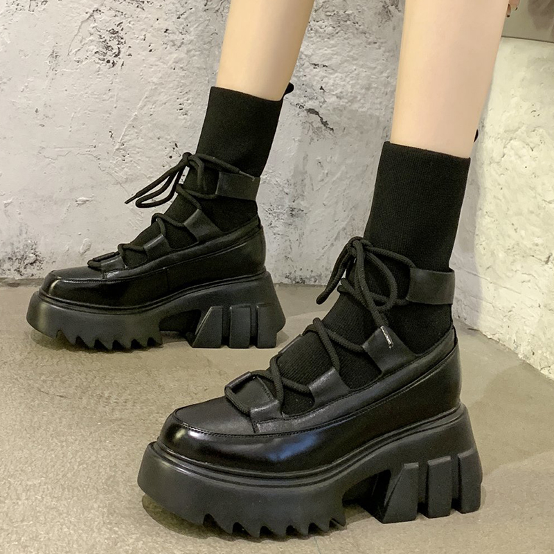 Rimocy Elastic Knitting Chunky Ankle Boots for Women Black Wedges Platform Sock Boots Woman Fashion Lace Up High Heels Shoes