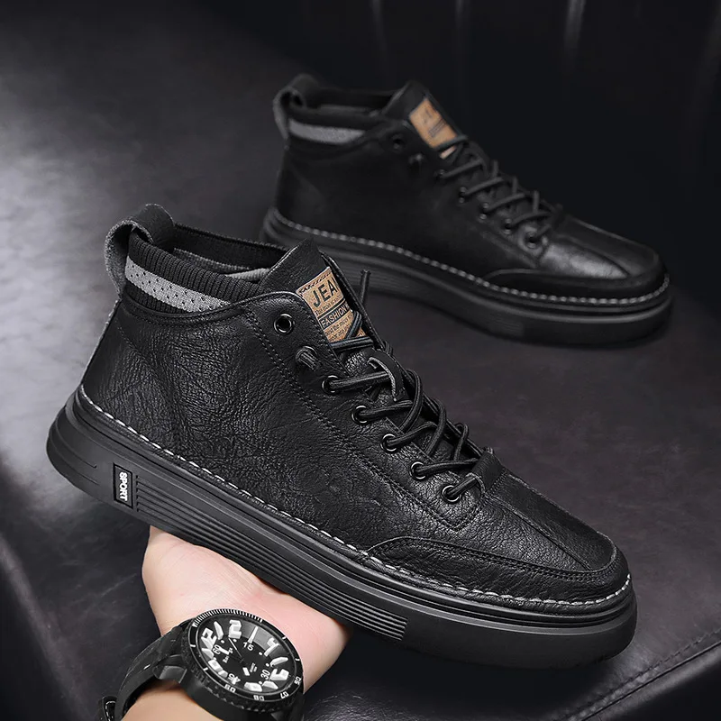 Trend Men's Casual Leather Shoes New Shoes for Men High-top Black Casual Male Sneakers Platform Ankle Boots Tênis Masculino