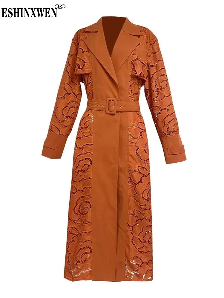 Eshin 2024 Spring Hollow Open Collar Womens Long Sleeve Splicing with Elegant Trench Womens Fashion Dress TH6188 240903