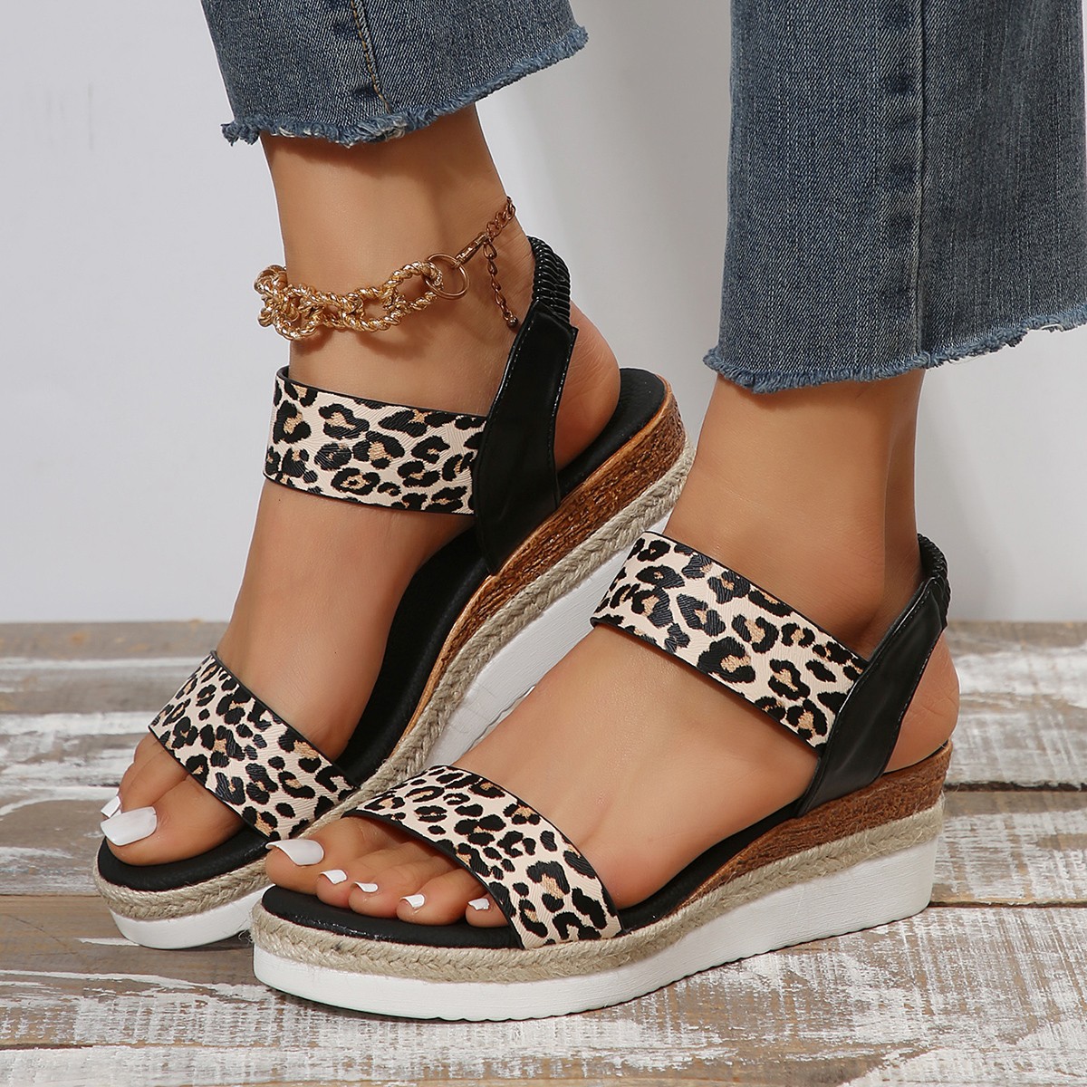 2025 new Sexy Fashion Leopard Wedge Heel Sandals Women Elastic Band Thick Bottom Sandles Outdoor Non Slip Femme Sandalias 69ac