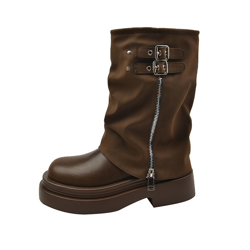 Thick Bottom New Platform 2024 New Pantyhose Cowboy Zip Belt Buckle Design for Women PU Leather Ankle Boots