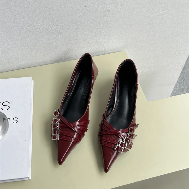 Sgbac Pumps New Ladies Medium Heels Female Shallow Fashion Pointed Toe Footwear Women New Heeled Shoes Wine Red 2024