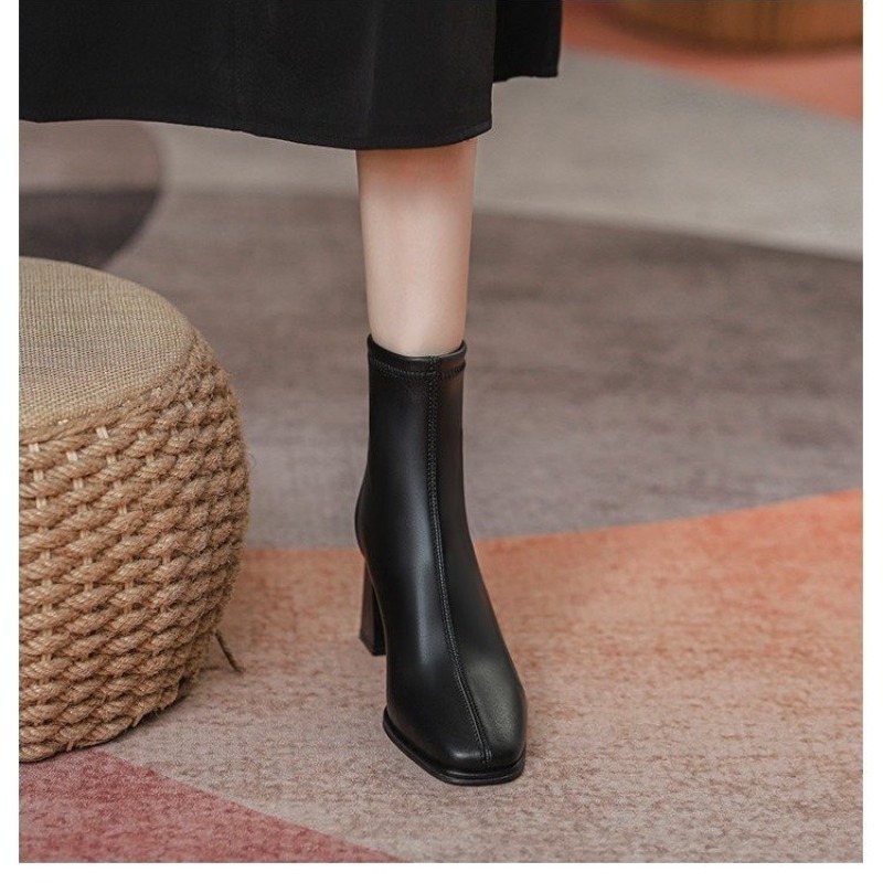 Square Winter Toe Woman Ankle Fashion Zippers Ladies Elegant Thick High Heel Short Boots Shoes Black Women's Boats 7f82