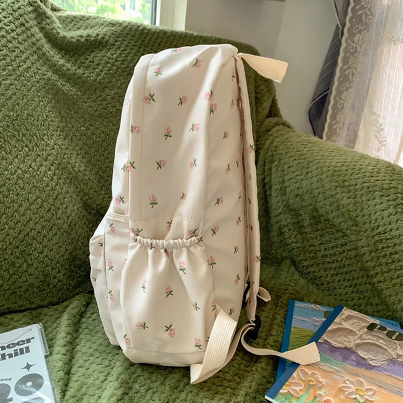 Korean Student School Backpack Floral White Bags For Teenage Girls Cute Womens Book Pack Nylon Rucksack 240903