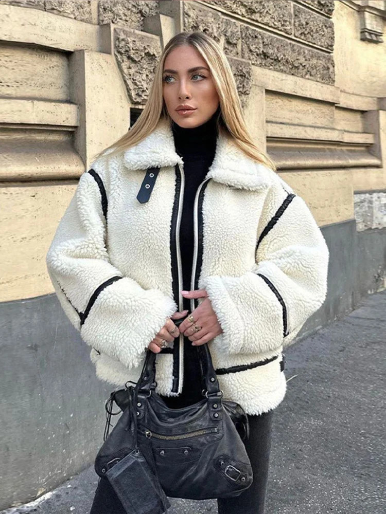 Autumn Winter Women Plush Zipper Jacket Solid Patchwork Long Sleeve Lapel Motorcycle Coat Fashion Female Street Warm Outerwear 240903