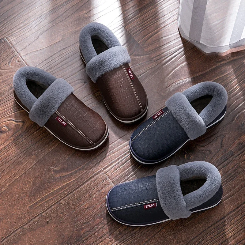 Cozy Winter PU Leather Slippers: Waterproof Non-Slip Plush Slides for Men & Women