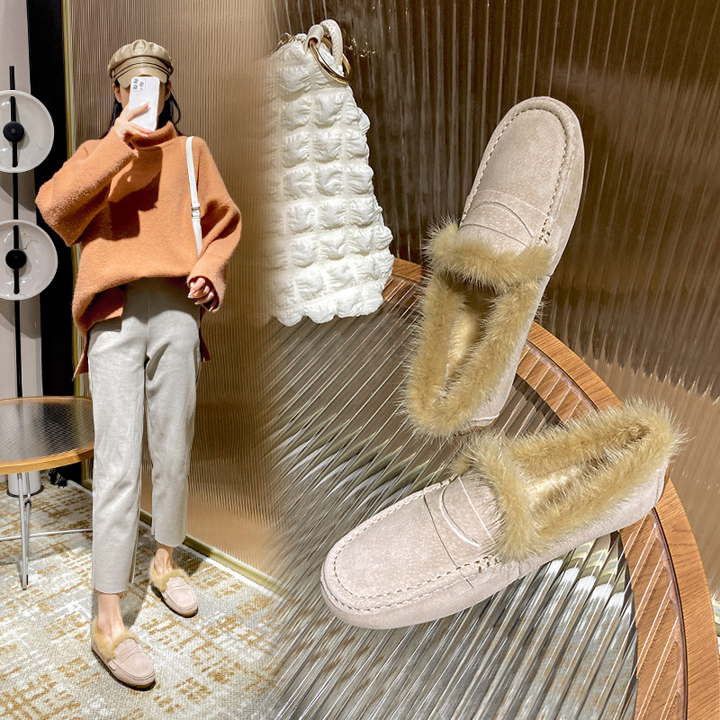 Real Mink Mocasines Women 02b5d Genuine Leather Flats 2023 Ladies Pigskin Walking Shoes Winter Warm Plush Loafers Cotton Fur Boots