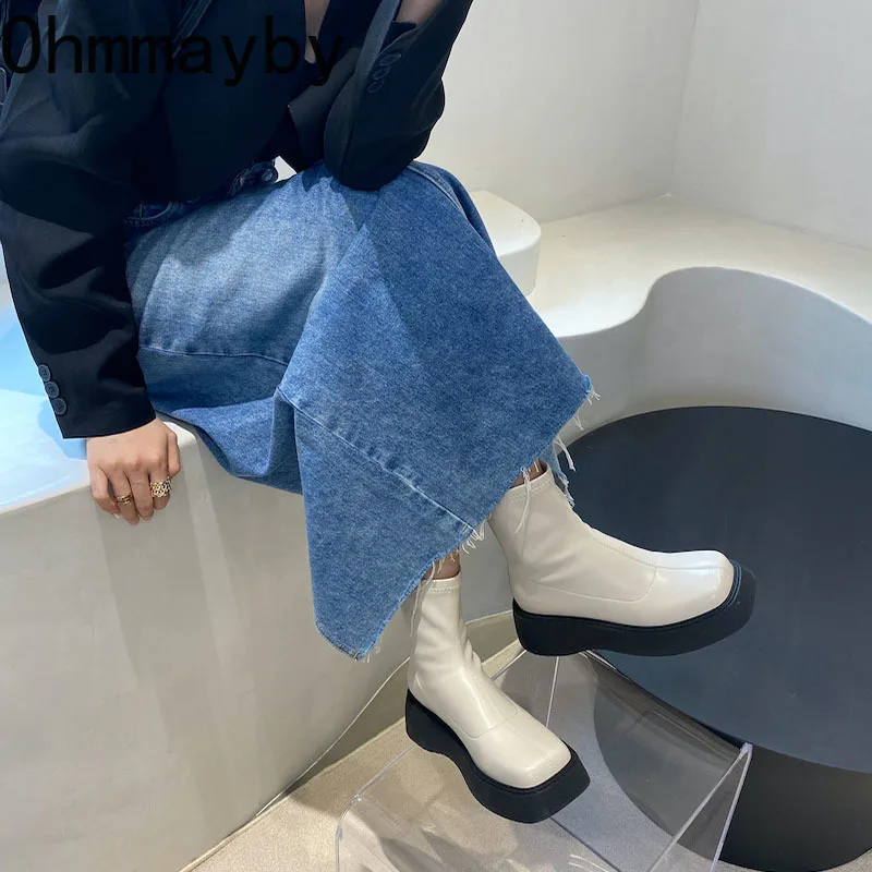 Chunky Winter For Women Square Toe Shoes Fashion Slip On Platform Thick Sole Short Boots 2024 Ladies Ankle Booties 2907
