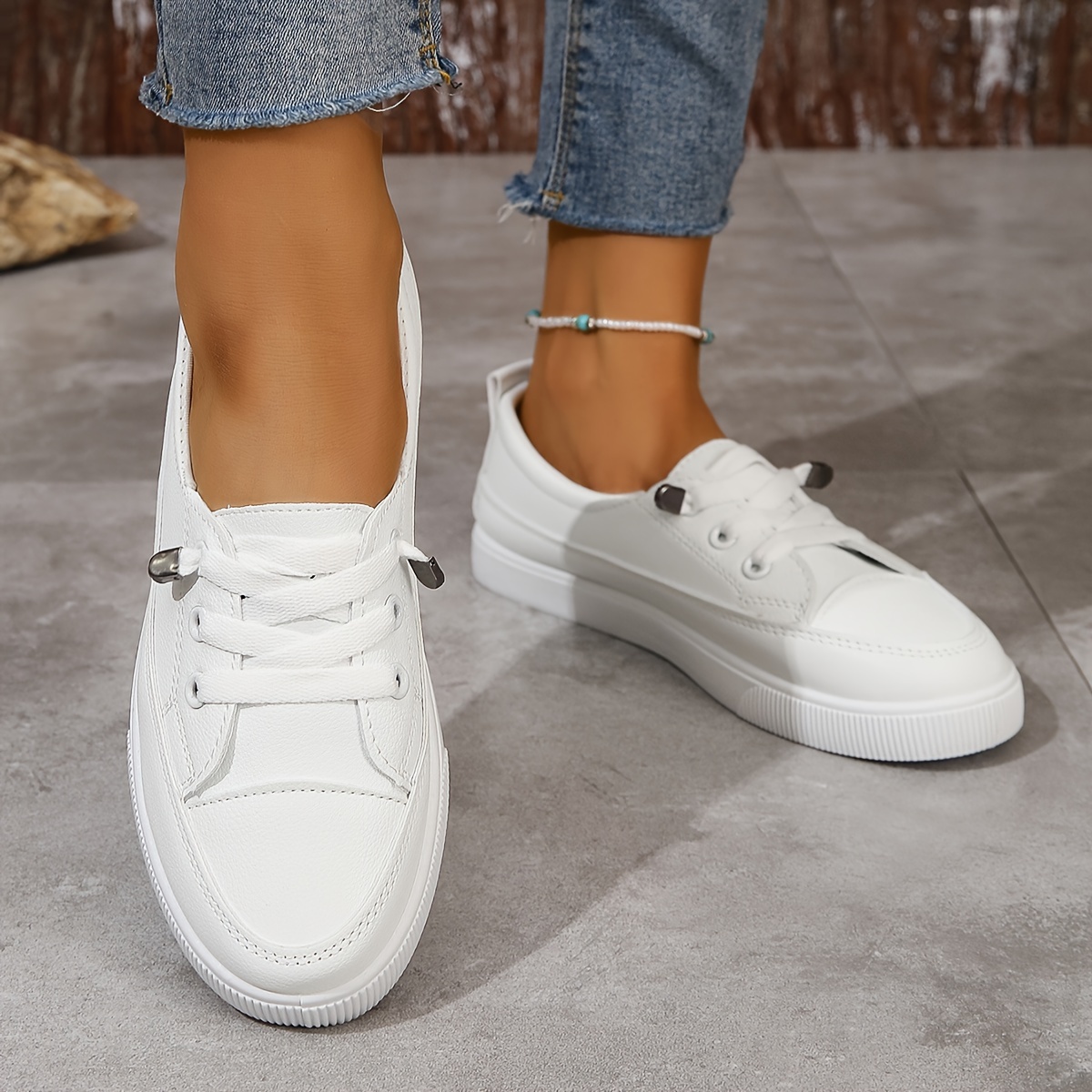 Womens Low-Top Slip-On Sneakers Breathable Mesh ing, Rubber Sole, Lace-Up Closure, Solid Color, Casual Style - All-Season, All-Match, White Trainers f