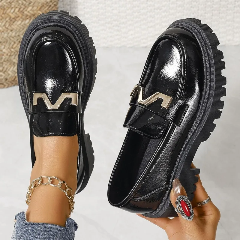 Women New for Spring Loafers Ladies Thick Sole Slip on Flats Leather Platform Casual Buckle Shoes Female atos De Mujer Platm