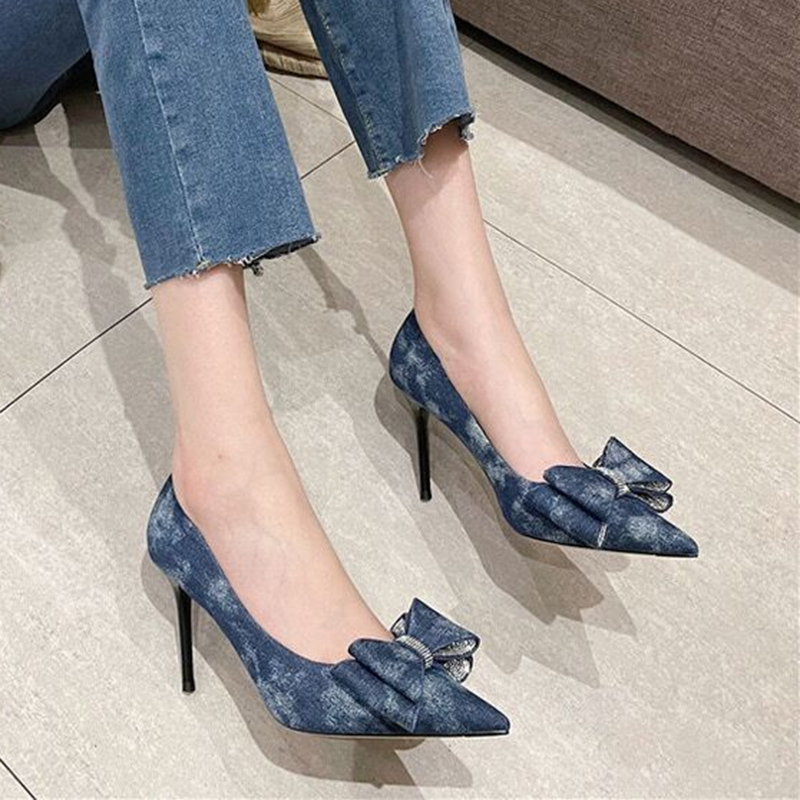 2025 new Denim Blue Crystal Bowtie Women Sexy Pointed Toe High Heels Party Shoes Woman 2023 Autumn Shallow Thin Heeled Pumps Female af6a