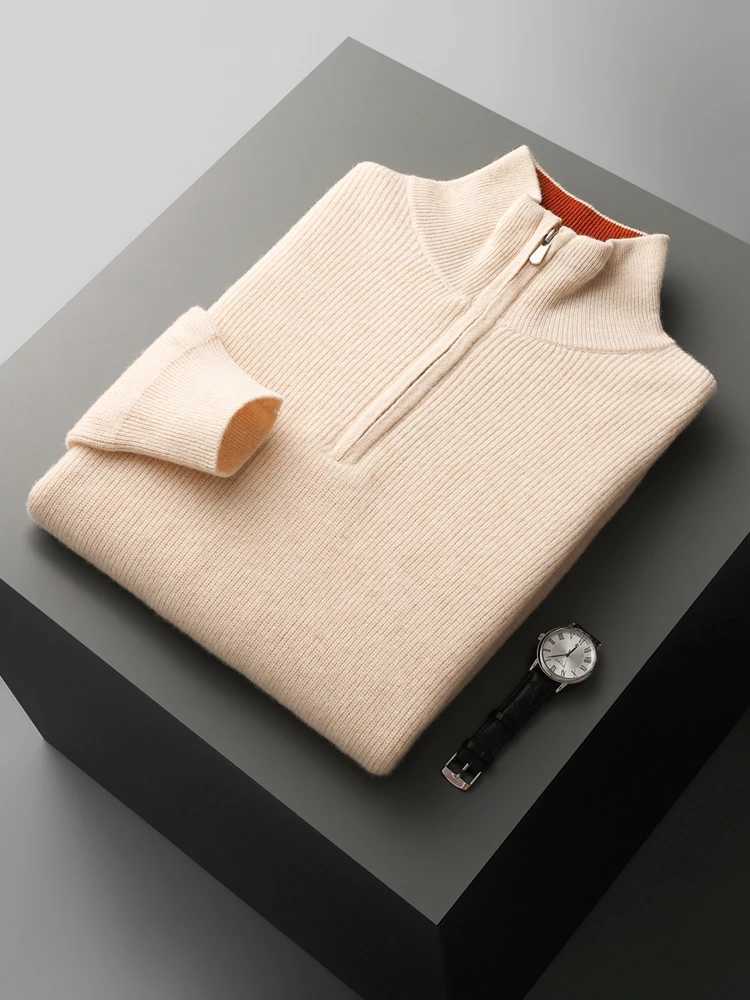 Autumn Winter Men Cashmere Sweater Pullover Mock Neck Zippers Thick Striped 100% Merino Wool Knitwear Casual Color block Clothes M240903