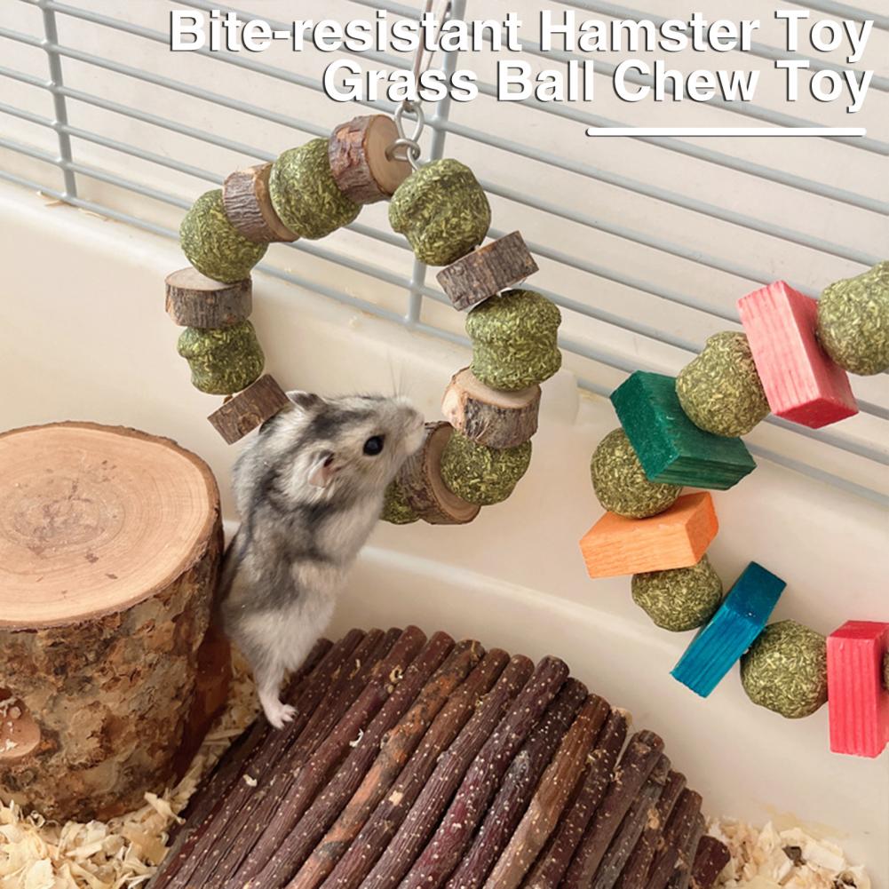 Hamster Chew Toy with Hanging Hook Natural Wood Grass Ball Rabbit Chinchilla Guinea Pig Gerbil Pet Bite Toy Decor Ring Small Ani