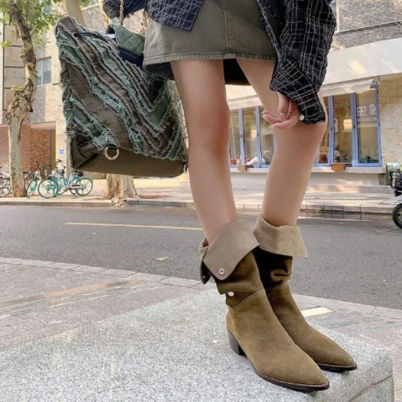 Women Retro Pleated Knee Cowboy 2024 Autumn High Heels Pointed Toe Thick Heeled Western Boots Woman Long Botas a427