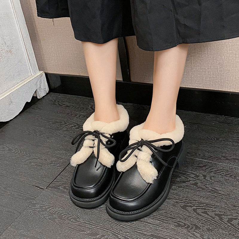 0b4e8 Up Lace fur Lamb leather woman black/white mixed New color cotton loafers women winter furry padded oxford shoes big size 43 ry