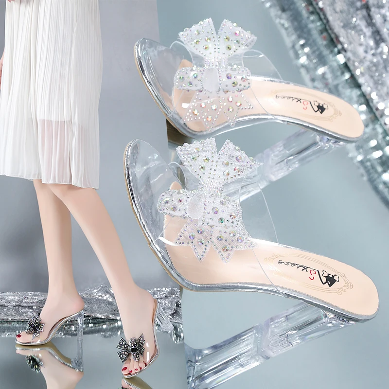 Summer Wind New Sandals Transparent Sexy Crystal High-heeled Outer Wear Net Red Thick Heel Comfortable Women's Shoes 3b3b