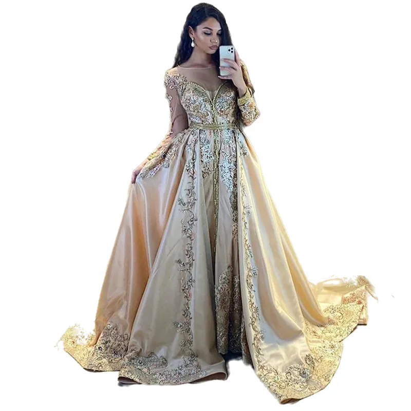 Champagne Morocan Caftan Dresses Long Sleeves Gold Lace Appliques Crystals Beaded A E Satin Arabic Kaftan Formal Party Gown Vestido De Noiva 6660312