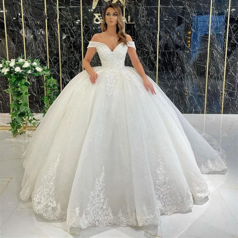 White Ball Gown Wedding Dresses Ivory Bridal Gowns Formal Applique Lace Up Plus Size New Custom Tulle Lace Sweetheart Sleeveless Sequined