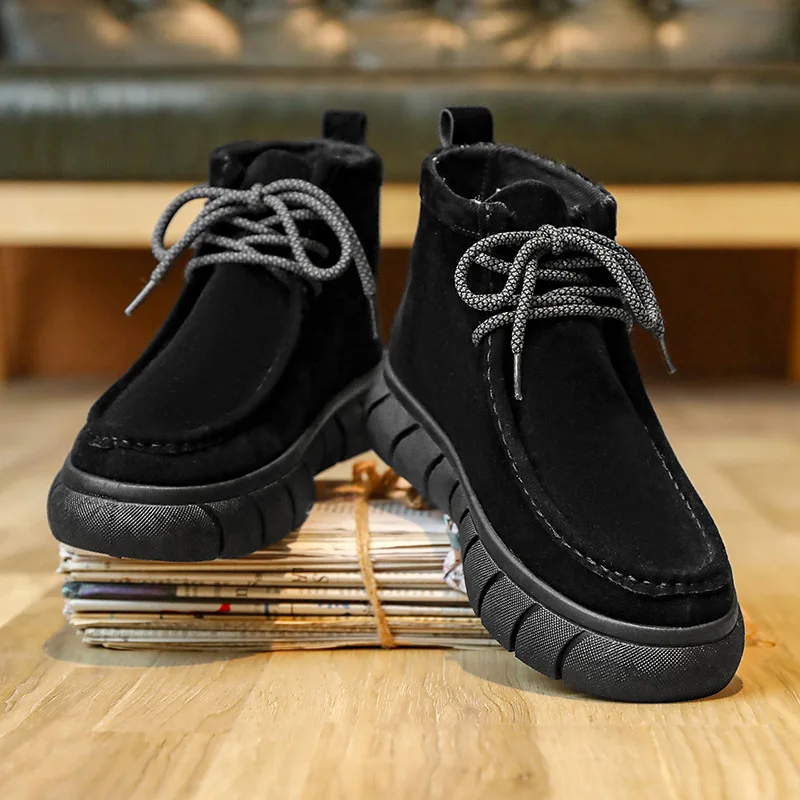 Men Retro Leather Shoes Thick Sole Mid Top Couple Casual Short Boots Autumn/Winter Men's Ankle Boots Thick Sole Desert Boots2024