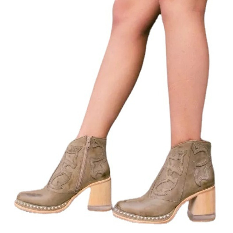 New 2023 Women Ankle Cool British Style Square Heel Embroidered Ladies Casual Shoe Soft Sole Party Female Short Boots f374