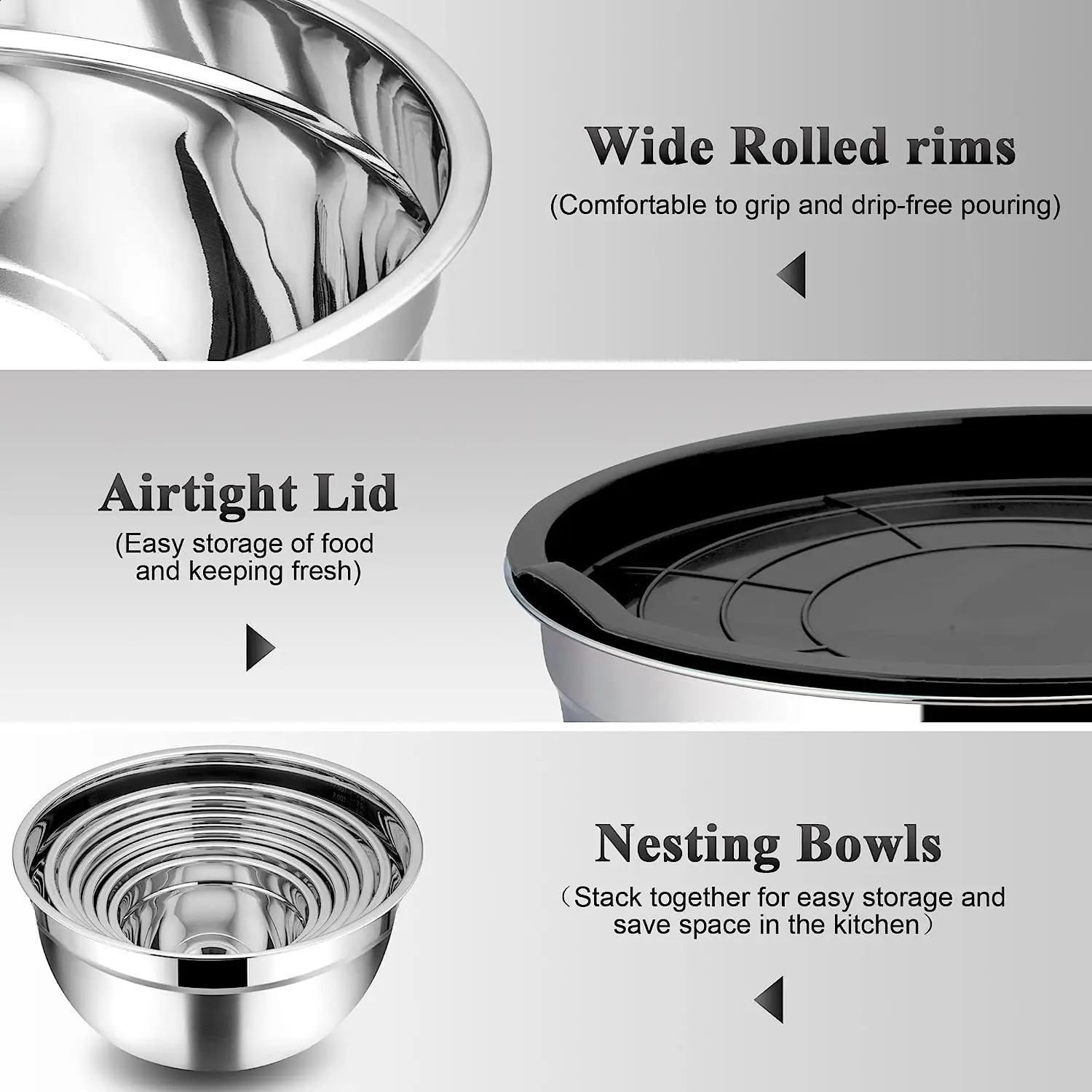 Mixing Bowl Set of 5 Stainless Steel Nesting Bowl with Airtight Lids Metal Salad Bowls for Baking Serving 240902