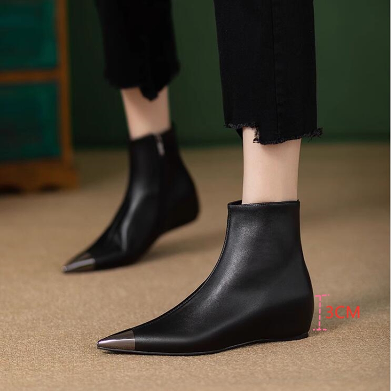 Women's AIYUQI 2024 New Style Pointed Flat Bottom Inner Height Casual Metal Toe Ankle Boots 311b