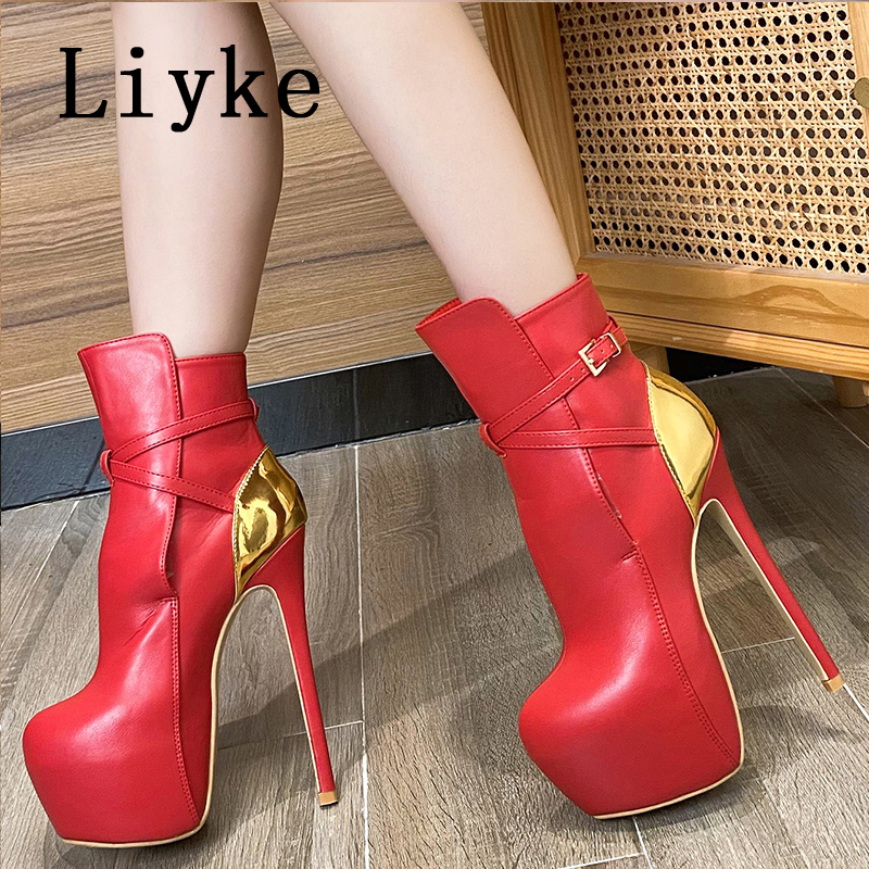 Liyke Autumn Winter Platform Boots For Women Sexy Buckle Strap Round Toe Pole Dance High Heels Ladies Cool Riding Shoes Size 45