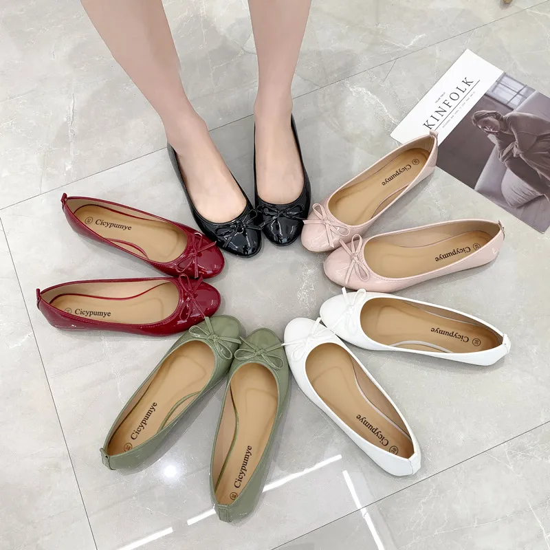 Flats Ballet Women Classics Casual Loafers Red Patent Leather Lady Fashion Design Bowknot Shoes for Woman's Spring/Autumn 5880