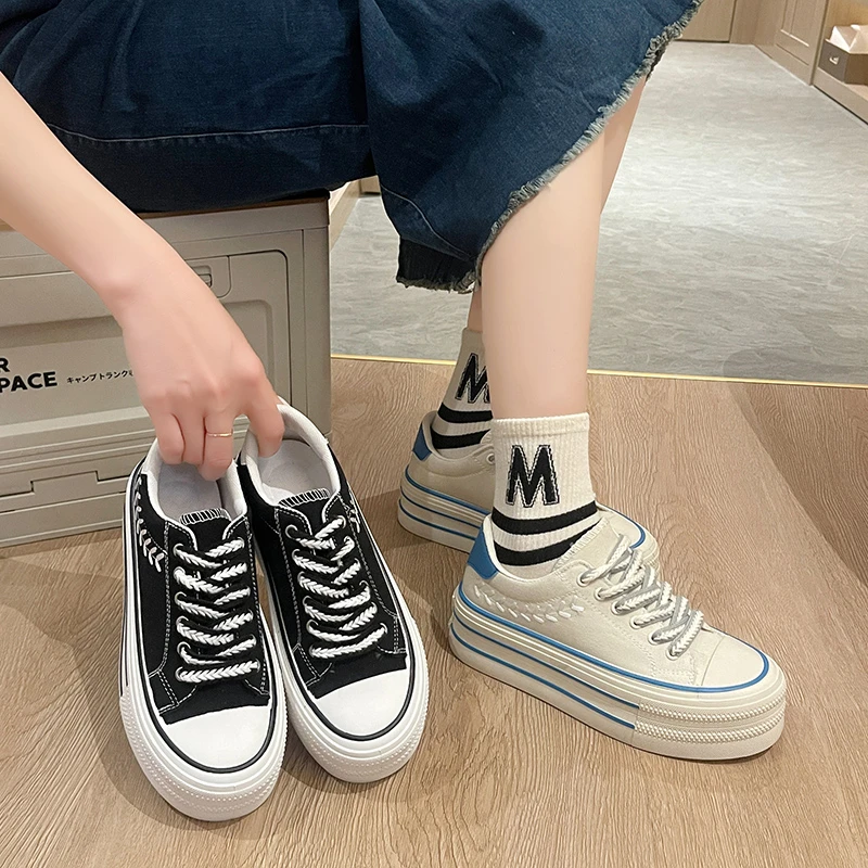 Women Platform Canvas Shoes Height Increasing Chunky Sneakers for Youth Girls Outdoor Trainers Female Ladies Thick Sole Footwear