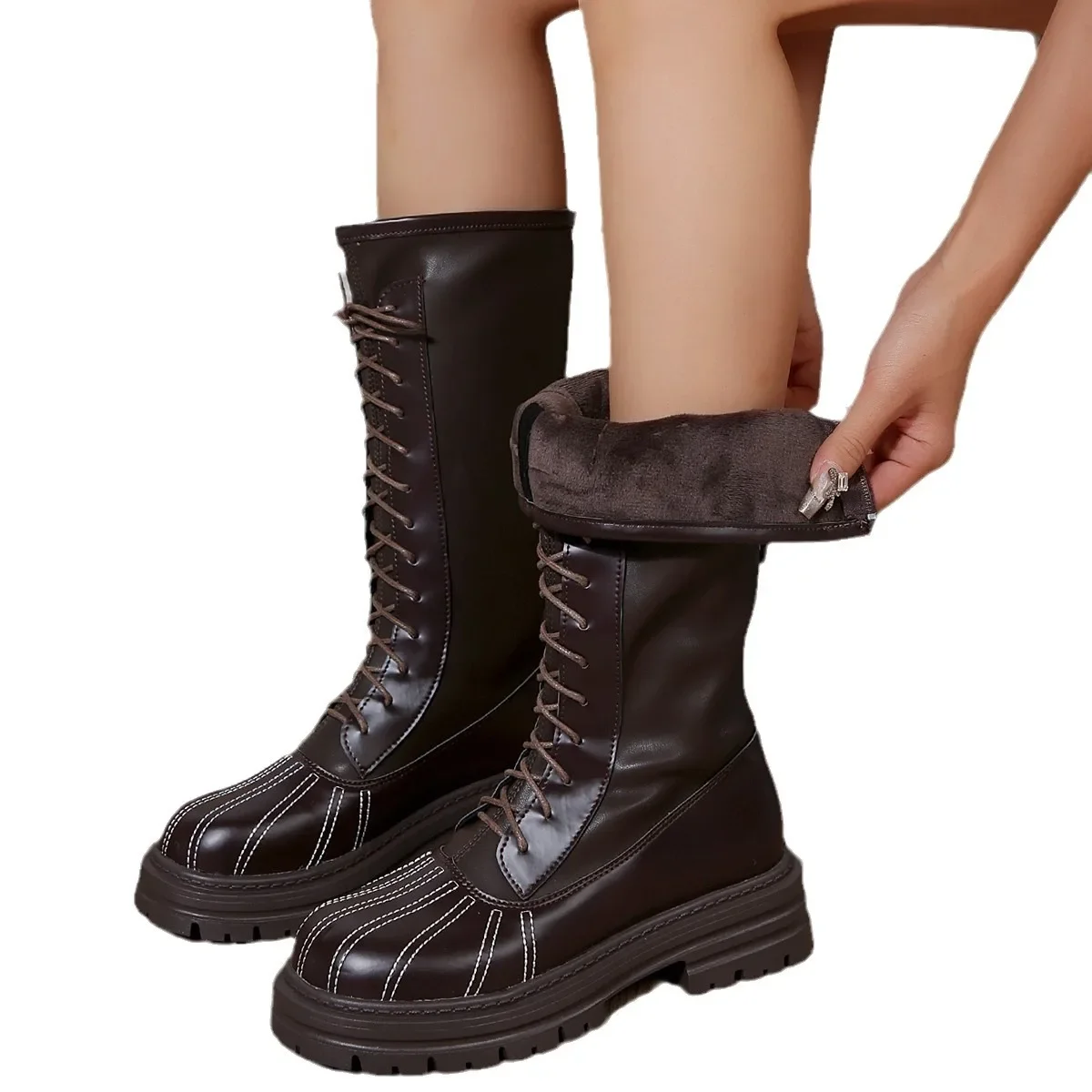 Mid-calf Platform Boots Designer Women 2024 Autumn Thick Bottom Warm Chunky Heel Shoes Woman Lace Up High Botas De Mujer 0493