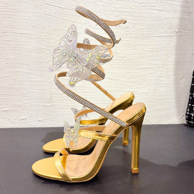 Fashion Rhinestone Golden Butterfly-knot Crystal Sandals Women's Night Club Stiletto Heel Wrap Strap Peep Toe Shoes
