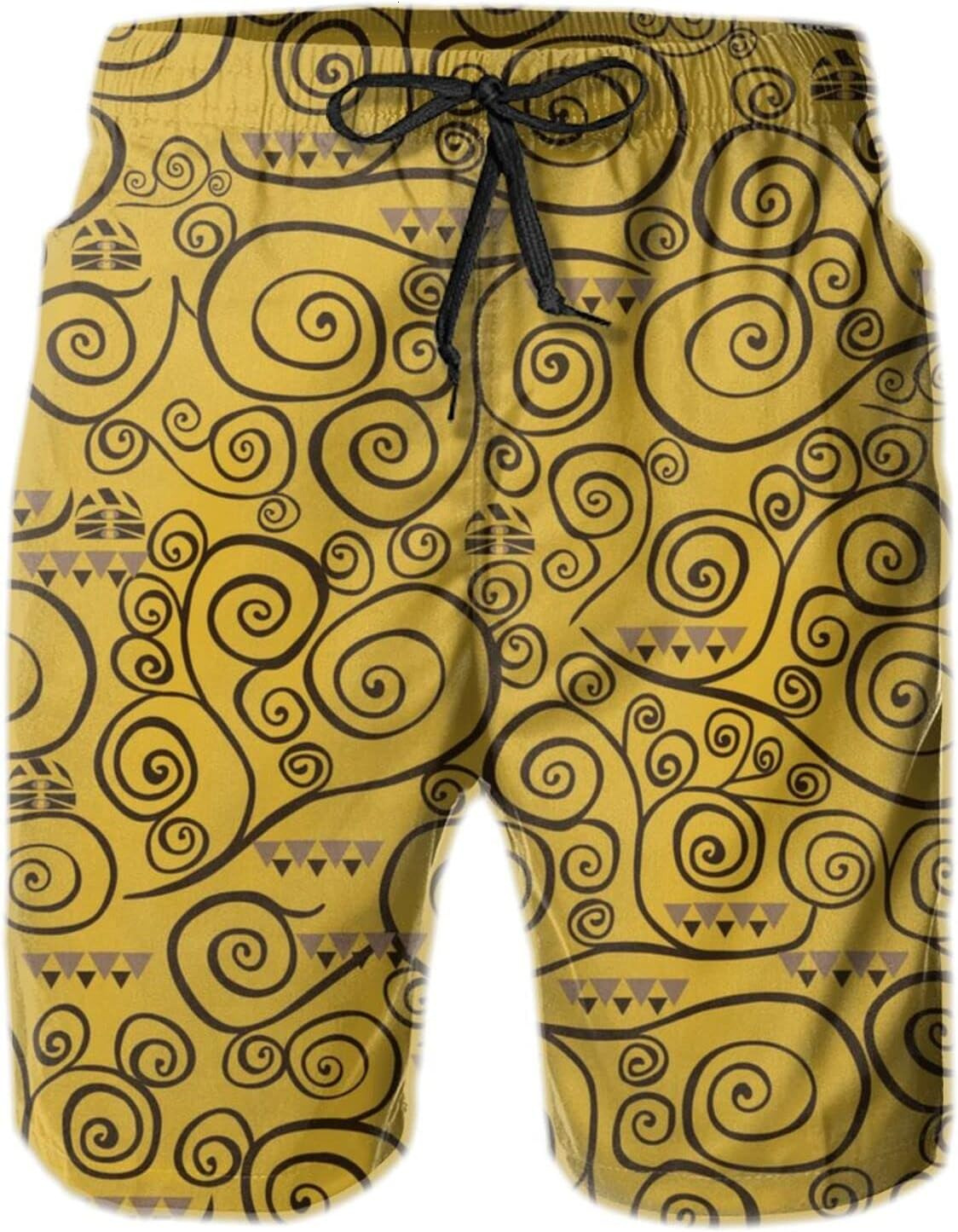 Mens Shorts 3D Printed Pattern Yellow Abstract Swirl Swim Trunks Quick Dry Fashion Beach Board Swimwear