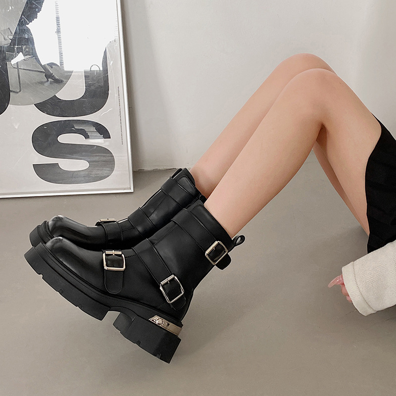 New Winter 2023 Fashion Thick Sole Mixed Color Front Zipper Short Boots Belt Buckle Women's Shoes f109