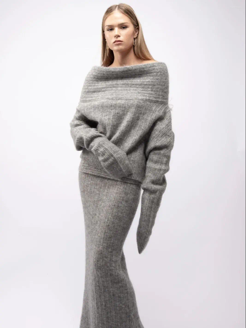 Work Dresses Off Shoulder Warm Sweater Co-ords Maxi Skirt Set Grey Melange A Line Long Sleeve Bandage Top Party Dress