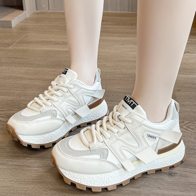 New 2024 PU Leather Women's White Casual Woman Vulcanize Sneakers Thick-soled Sport Walking Running Platform Flats Shoes f9db