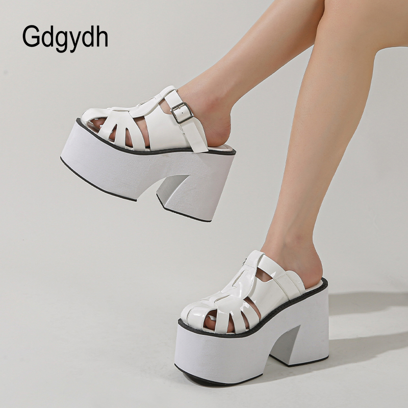 Women Platform Sandals Closed Toe Buckle Decor Solid Color Slip On Chunky Heels Mules Outdoor Non Slip Breathable
